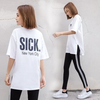 Korean🧧 ชุดเชท 2 ชิ้น เสื้อคอกลมแขนสั้นผ่าข้างสกรีนลาย SICK ด้านหลัง กางเกงขายาว