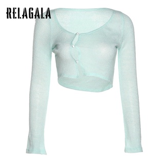 Relagala เสื้อคาร์ดิแกน แขนยาว เข้ารูป สีพื้น แฟชั่นสําหรับผู้หญิง