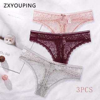 3 Pcs Sexy Hollow Out Thong Women Lace Panties Low Waist Transparent G String S-XL