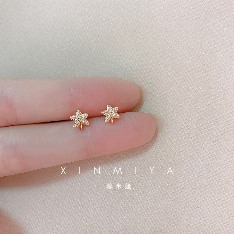 S925 sterling silver 14K maple leaf earrings simple zircon earrings student female jewelry gift