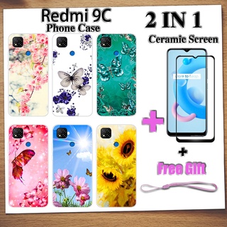 2 IN 1 Redmi 9C เคสโทรศัพท์ พร้อมกระจกนิรภัย เซรามิค ป้องกันหน้าจอ โค้ง ฟิล์มนิรภัย ผีเสื้อ