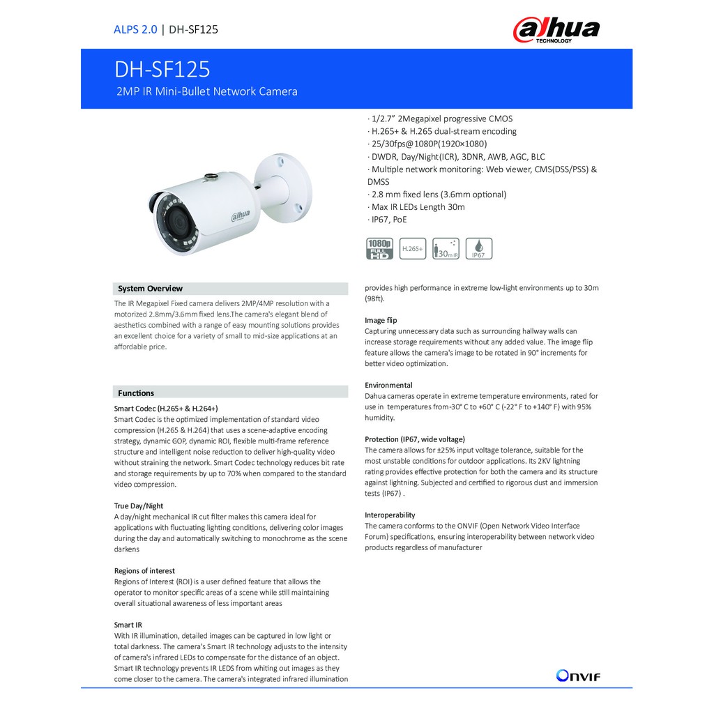 Dahua กล้องวงจรปิด 2MP รองรับ POE รุ่น IPC-SF125 IPC-SF125-S2 เลนส์ 3.6mm