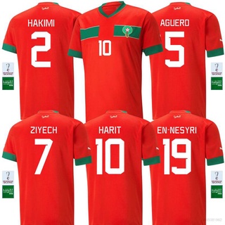 เสื้อกีฬาแขนสั้น ลายทีมชาติฟุตบอล Morocco 22-23 World Cup Nesyri Ziyech Harit Hakimi Aguero ชุดเหย้า สําหรับผู้ชาย