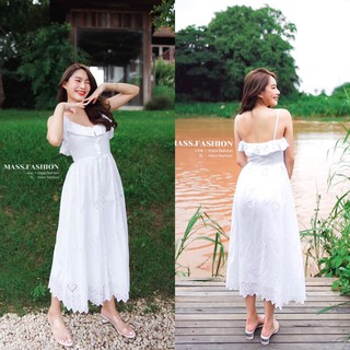 MASS Fashion : เดรสยาวสายเดี่ยว สีขาว Dress - Lace Sweet Dress