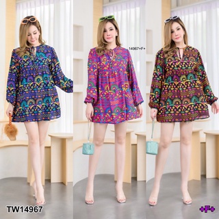 MF14967  Mini Dress #สาวอวบ มินิเดรส แขนยาว คอวีผูกเชือกคอ แขนยาว ใส่เป็นเสื้อก็ได้ เนื้อผ้าสปัน นิ่ม ใส่สบายมากเวอร์ แม