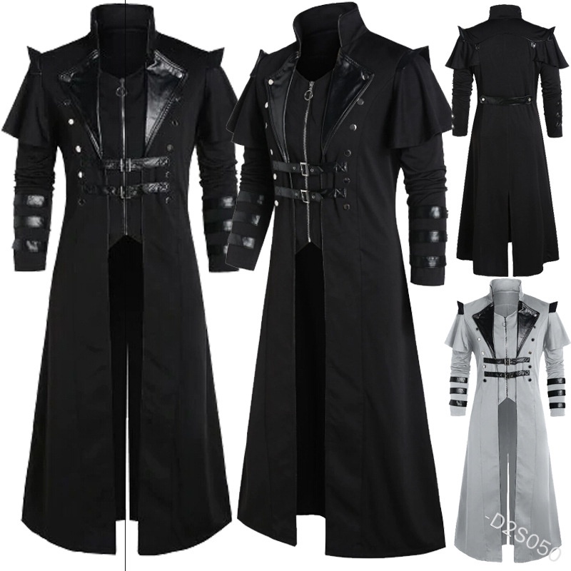 ฮาโลวีนยุคกลาง Vintage ยาวแจ็คเก็ตสีดําเสื้อผ้าผู้ชาย Gothic Steampunk Punk Trench ผู้ชาย Oversize Retro Warrior Knight Coat
