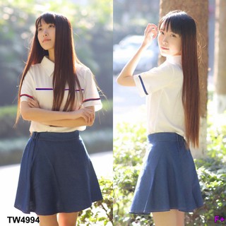 TwinsShopVip💗พร้อมส่ง TW4994 Set เสื้อคอปกแต่งแถบสี+กระโปรงยีนสืเทียม