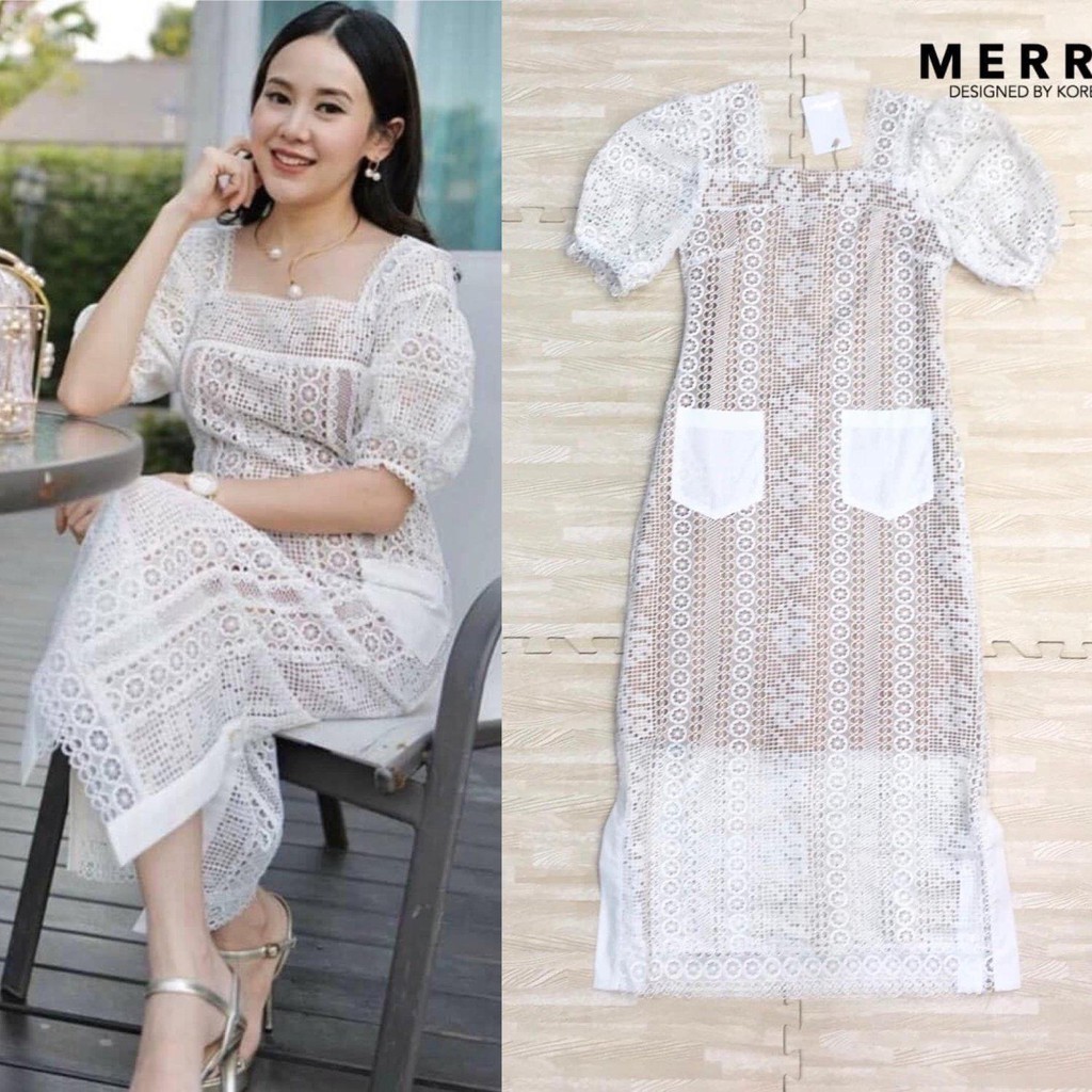 Code no:2005035914-Merry ชุดเดรสคอเหลี่ยมแขนตุ้กตา ทั้งชุดใช้ผ้าลูกไม้ฉลุทั้งตัวคะ ทรงสวยม๊ากกก มาพร้อมซับใน