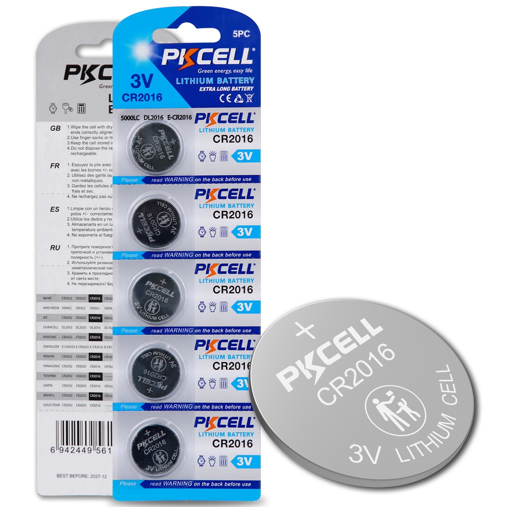 5Pcs 1Card PKCELL CR2016 3V lithium battery BR2016 DL2016 ECR2016 CR 2016 button battery-watch batte