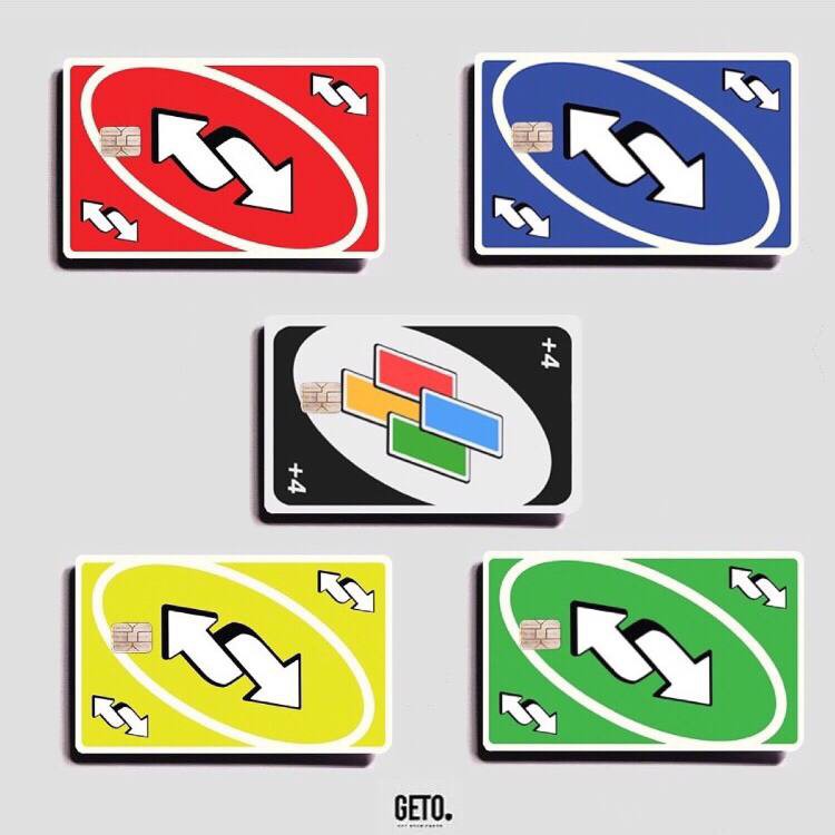 การ์ด GUTO UNO REVERSE SKIN ATM CARD STICKER UNO CARD เกม UNO สีฟ้าสีเขียวสีแดงเหลือง UNO +4 สติ๊กเก