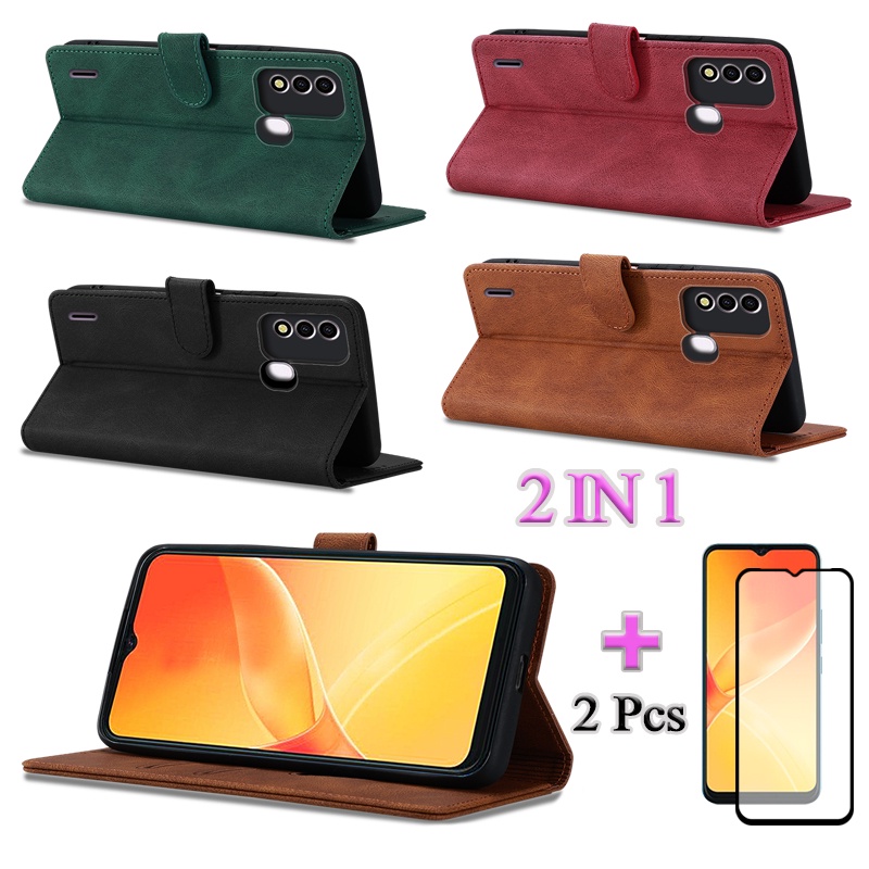 2 IN 1 ITEL P37 ITEL Vision 2S P651L P651W กระเป๋าสตางค์ซองหนังพลิกเคสโทรศัพท์พร้อมกระจกนิรภัยโค้งเซ