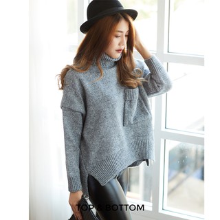 KW1901 เสื้อคอเต่า ผ้าหนา กันหนาว มีกระเป๋าด้านหน้า ชายเสื้อหน้าสั้นหลังยาว สีเทา