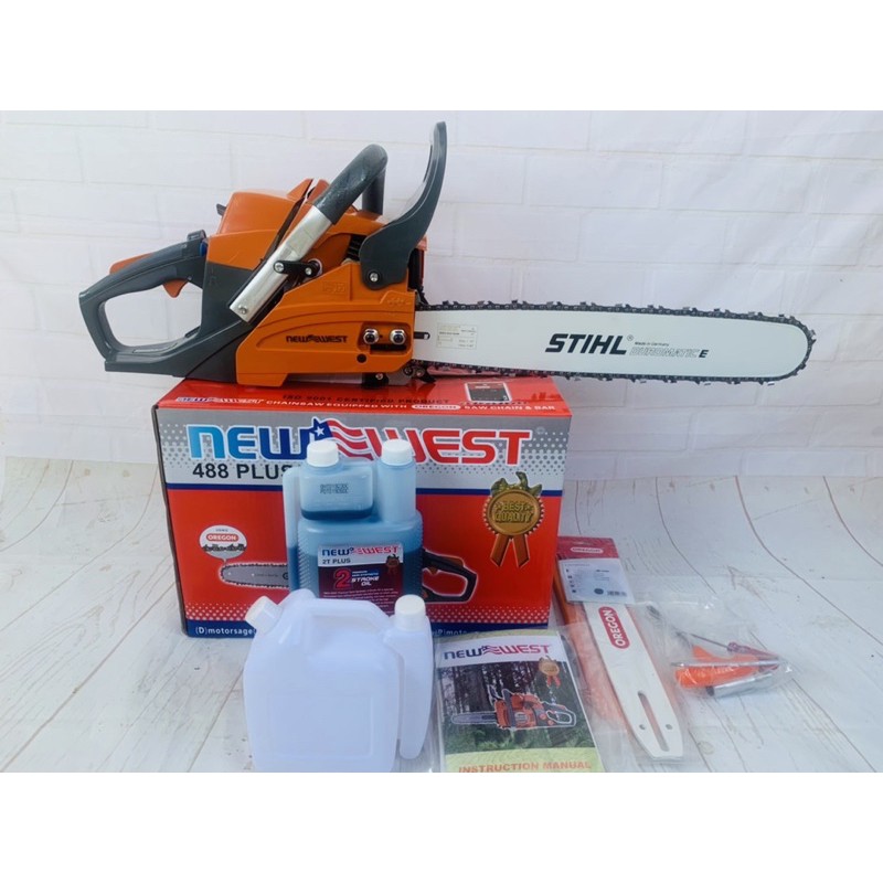 เลื่อยยนต์ NEW WEST 488 PLUS รุ่นงานหนัก บาร์โซ่ OREGON ของแท้ 100% + บาร์โซ่ STIHL 18 นิ้ว หัวเลส