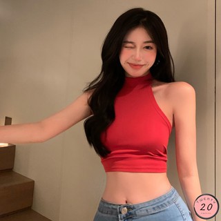 🎇 New2023 🎇 เสื้อครอปสายผูกคอและหลัง คอสูง สีแดงโชว์หลังเซ็กซี่
