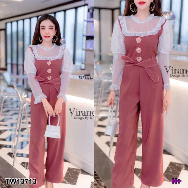 TW13713 Jumpsuit จั๊มสูทขายาว ตัดต่อผ้ามุ้งสีขาวซีทรูลายจุด
