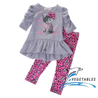 DEV-2pcs เด็กผู้หญิงเด็ก Cat เสื้อ Tops + Leopard กางเกง Leggings Outfits เสื้อผ้า 2-7Y