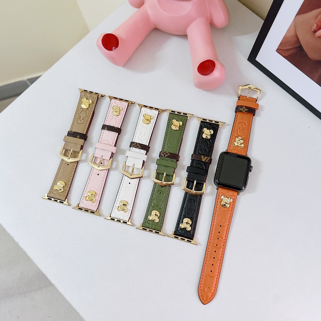 สายนาฬิกาข้อมือหนังแท้ ลายหมีน่ารัก สําหรับ Apple Watch Series 8 7 SE 6 5 4 3 2 iWach 38 40 41 42 44 45 มม.