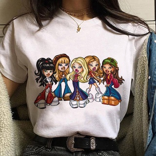 เสื้อยืดลําลองแฟชั่นสําหรับสตรีแขนสั้นสีขาวสไตล์ฮาราจุกุ Bratz