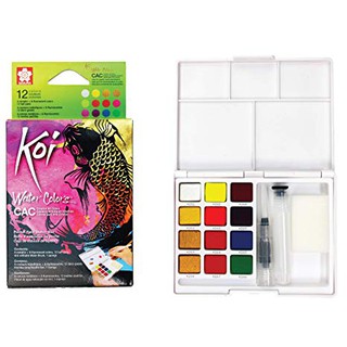 สีน้ำตลับ+พู่กัน Koi water colors pocket 12 สี (สีเมทัลลิค+สีเรืองแสง)