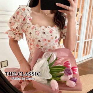 พร้อมส่ง💐เดรสฉลุพิมพ์ลายดอกไม้ แขนตุ๊กตา💐 classic