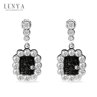 Lenya Jewelry ต่างหูเงินแท้ ดีไซน์เรียบหรูประดับด้วยนิล (Black Spinel) ล้อมด้วยคิวบิกเซอร์โคเนีย (Cubic Zirconia)