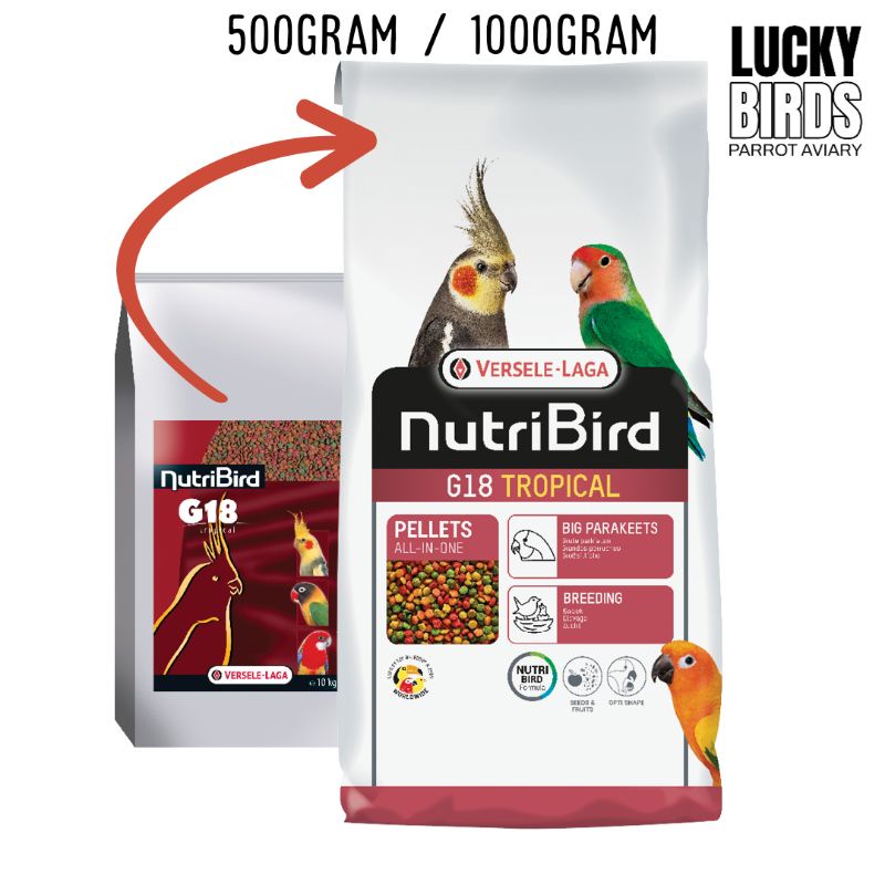 Nutribird G18 (โฉมใหม่) อาหารนก อาหารนกแก้ว สำหรับนกขนาดกลาง ขนาด500กรัม และ 1000กรัม