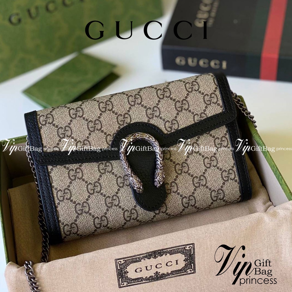 หนังแท้ G.UCCI Dionysus mini chain bag / GG Dionysus Wallet Beige and Black GG Supreme canvas  พร้อมส่งที่ไทย