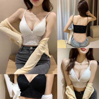 Korean🧧 เสื้อสายเดี่ยวคอวีลูกไม้ ด้านหลังเป็นสม็อคยืด 2 สี