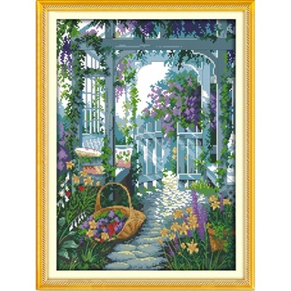 *พร้อมส่ง*ชุดปักครอสติชพิมพ์ลาย สวนดอกไม้ บ้านในสวน (Garden gate Cross stitch kit)