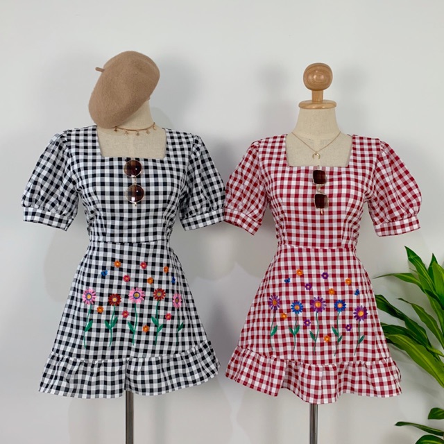 DD142-เดรสลายสก้อตปักลายดอกไม้