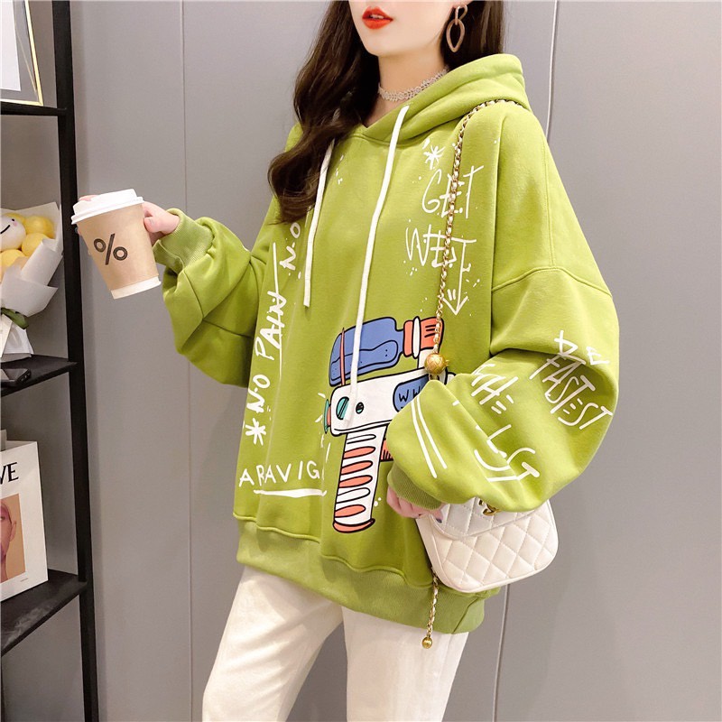 เสื้อแขนยาวมีฮู๊ด Oversize {อก 50 นิ้ว} เสื้อสเวตเตอร์ สกรีนลายปืนฉีดน้ำ ผ้าคอตตอล ผ้าไม่ยืด B39