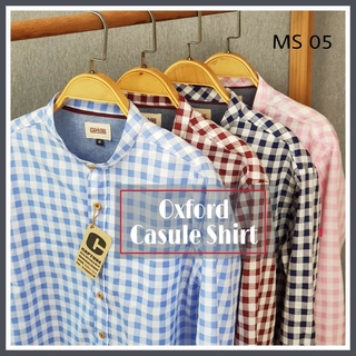 เสื้อเชิ้ตแขนยาว คอจีน ผ้า Oxford ทอลายสก็อตกลาง มีไซส์ M-2XL