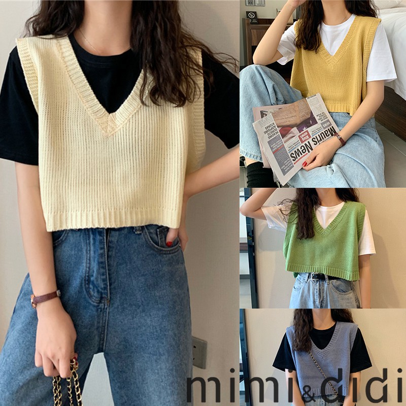 mimi&didi 73031 *เสื้อกั๊กผู้หญิง* เสื้อกั๊กไหมพรม แบบสวมหัว สไตล์ย้อนยุค เกาหลี สำหรับผู้หญิง เสื้อ เสื้อครอป