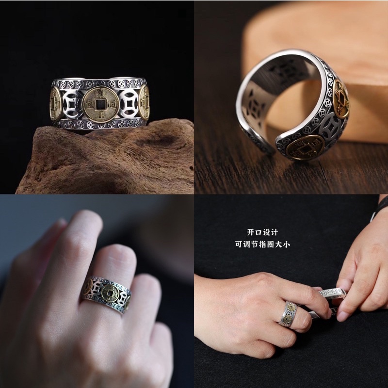 แหวน 5 เหรียญจักรพรรดิ์ เงิน S925 ปัดเงา เเหวนรูปเหรียญจีนโบราณ ความหมายดี แหวนมงคล เรียกทรัพย์ ดูดท