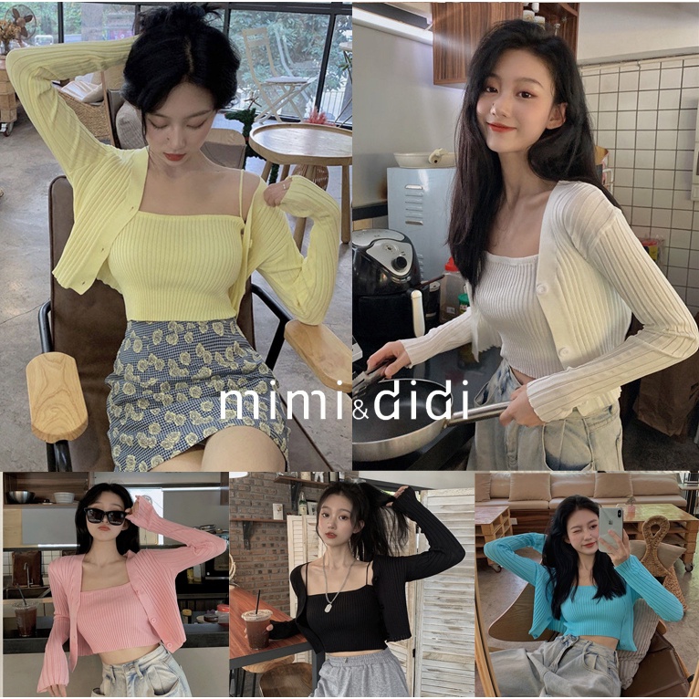 mimi&didi พร้อมส่ง เสื้อไหมพรม 2 ชิ้น ร่องใหญ่ เสื้อคลุม+สายเดี่ยว อันยองมาก ( 7195-2 )