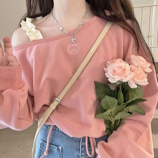 ✨เสื้อยืดแขนยาวเปิดไหล่สไตล์เกาหลีพลัสไซส์ สไตล์ขี้เกียจ เนื้อผ้าหนานุ่ม💕น่ารักสไตล์​เกาหลี