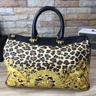 Versace Vintage Baroque Leopard Print Boston Bag