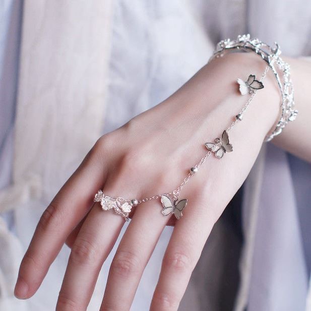 สร้อยข้อมือผีเสื้อคล้องแหวน กำไลข้อมือโซ่แหวน เครื่องประดับแฟชั่น สไตล์วินเทจ B58