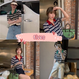 Elves✨พร้อมส่ง✨   เสื้อไหมพรมแขนสั้น ลายทาง คอปก ผ้าบางใส่สบาย น่ารักสไตล์เกาหลี ~50052~