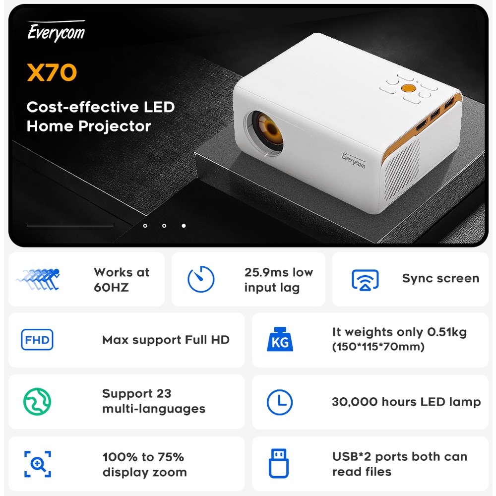 Everycom X70 Mini LED Support 1080P WiFi Projector Pocket Pico Portable ...