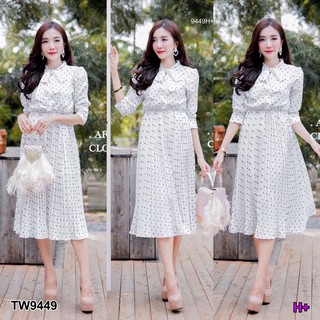 G9449  Dress เดรสกระโปรงพลีทลายจุด