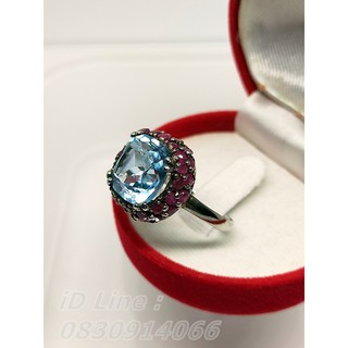 แหวนเงินแท้ ประดับ บลูโทพาส Blue Topaz แท้ ล้อมทับทิมพม่า Ruby