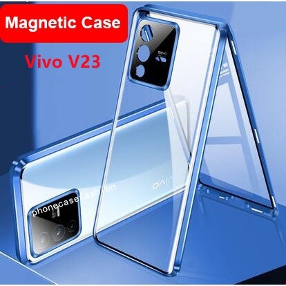 เคสโทรศัพท์มือถือกระจกนิรภัย แบบฝาพับแม่เหล็ก ป้องกันเลนส์ สองด้าน กันกระแทก สําหรับ Vivo V23 5G