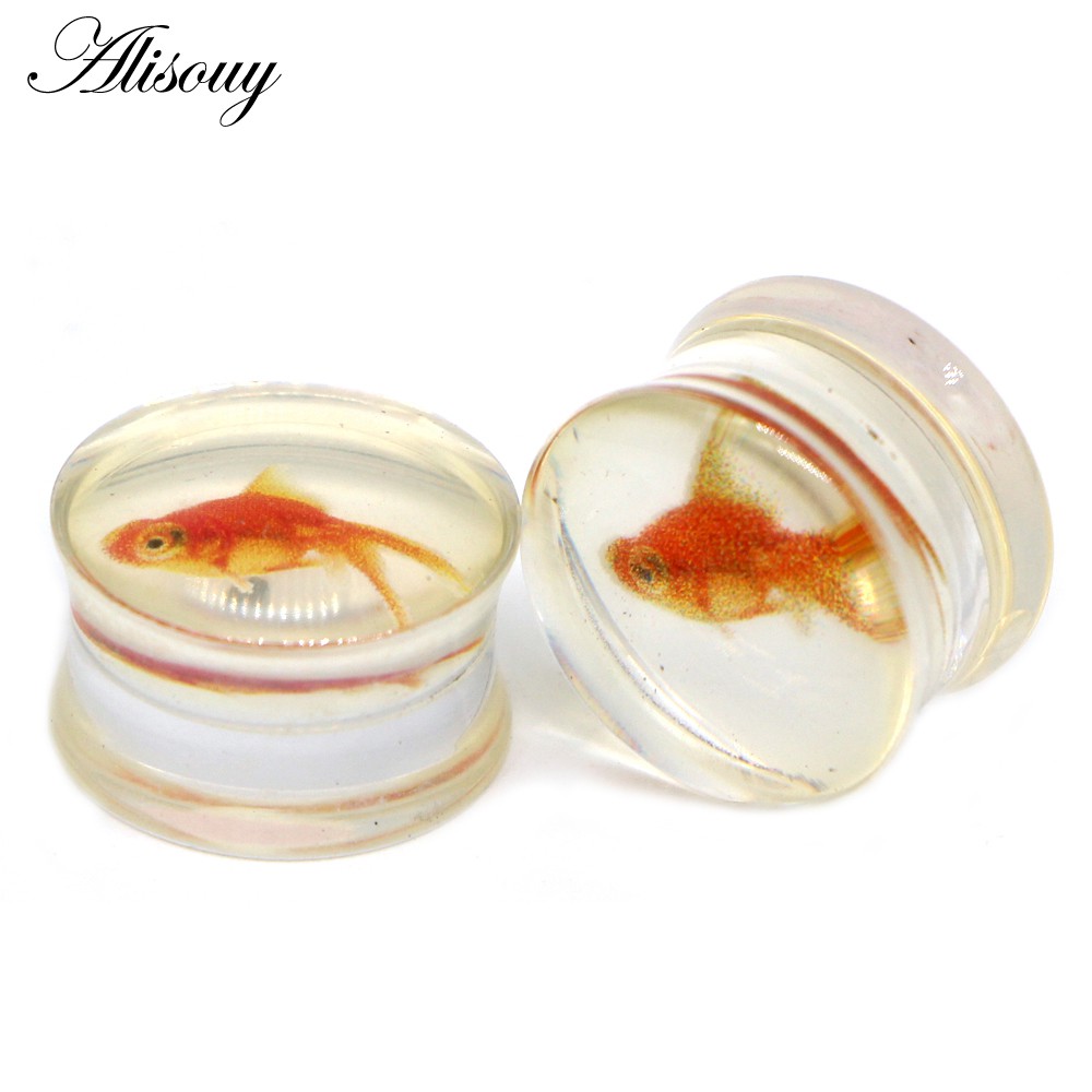 Alisouy 2PCS Golden Fish Designอะคริลิคใสหูปลั๊กและอุโมงค์เจาะหูวัดหู Expander ต่างหู Body เครื่องประดับเจาะ