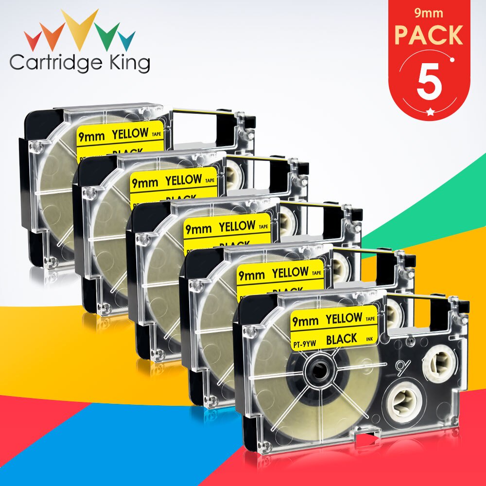 5PK for Casio XR-9YW Label Tape Black on Yellow 9mm*8m Replace for Casio KL-60 KL-120 KL-300 CW-L300