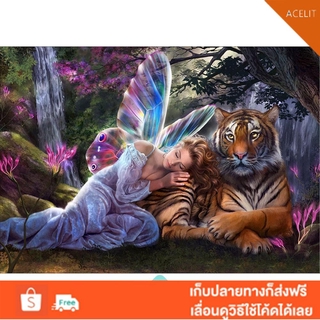 ภาพวาดปักครอสติก 5 D รูปนางฟ้าและเสือสําหรับตกแต่งบ้าน