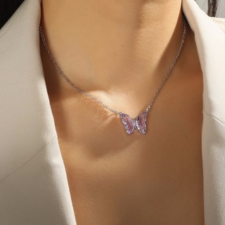 สร้อยผีเสื้อสีม่วง Rhinestone Decor Purple Butterfly Pendant Necklace