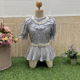Siampasin🌸เสื้อลูกไม้ ผ้านิ่มยืดหยุ่น ใส่ไม่คัน อก 32-36 นิ้ว 34-38 นิ้ว สีเทา แขนตุ๊กตา ขนาดเล็กน่ารัก Blouse