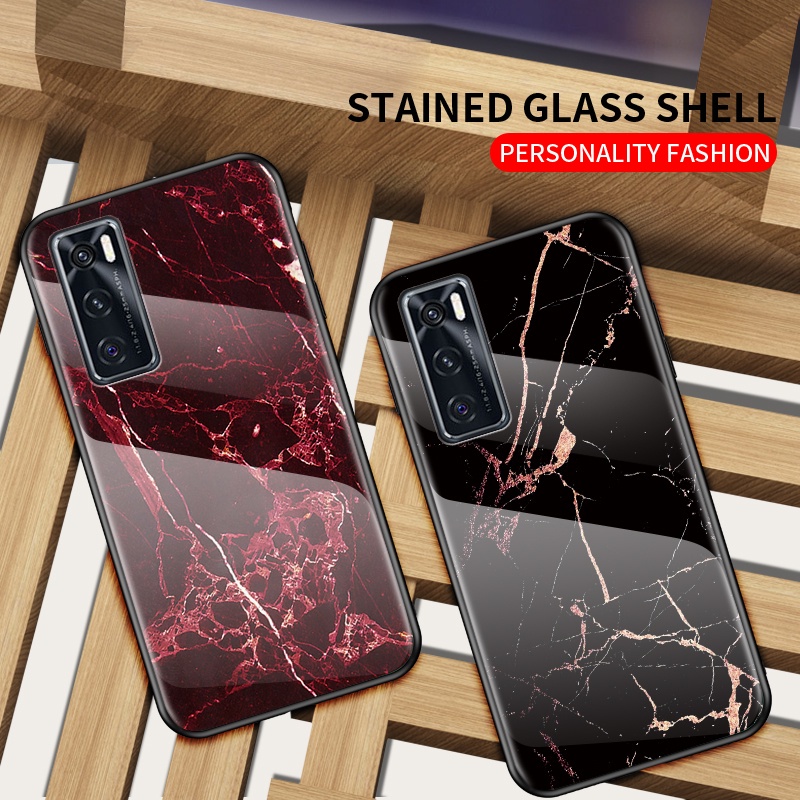 เคสกระจกนิรภัย VIVO V2022 V2023 Case Luxury Marble Tempered Glass Protective Cover Case