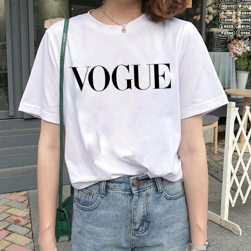 Vogue New เสื้อยืดแฟชั่นพิมพ์ลายไล่โทนสีสําหรับผู้หญิงเสื้อยืด